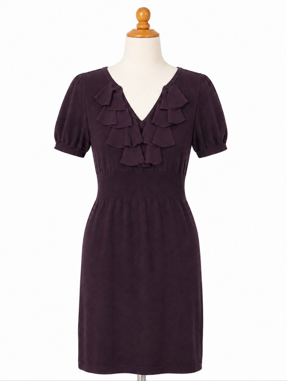Ann Taylor Loft | Ruffle V-Neck Soft Knit Purple Deep Eggplant Dress